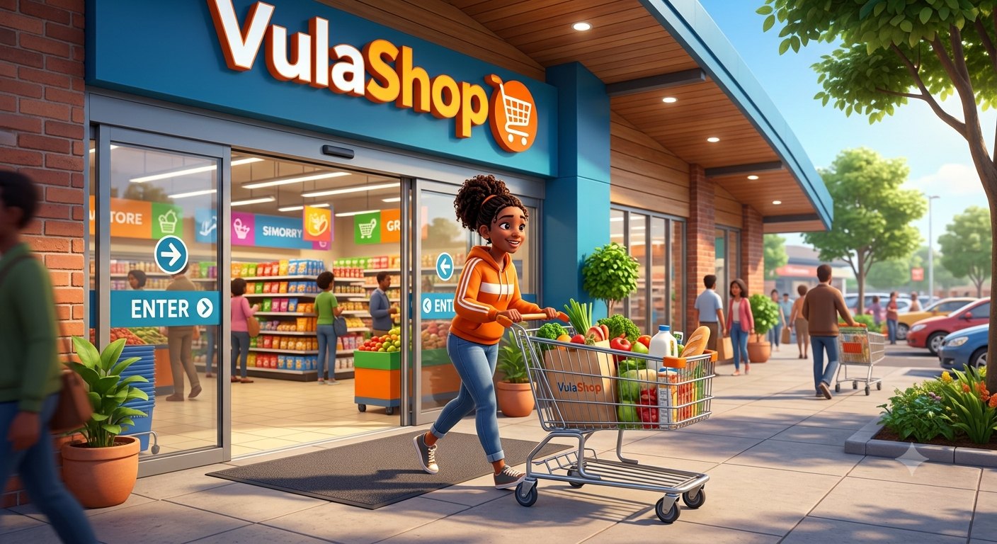 Shopper leaving a VulaShop store with a full trolley
